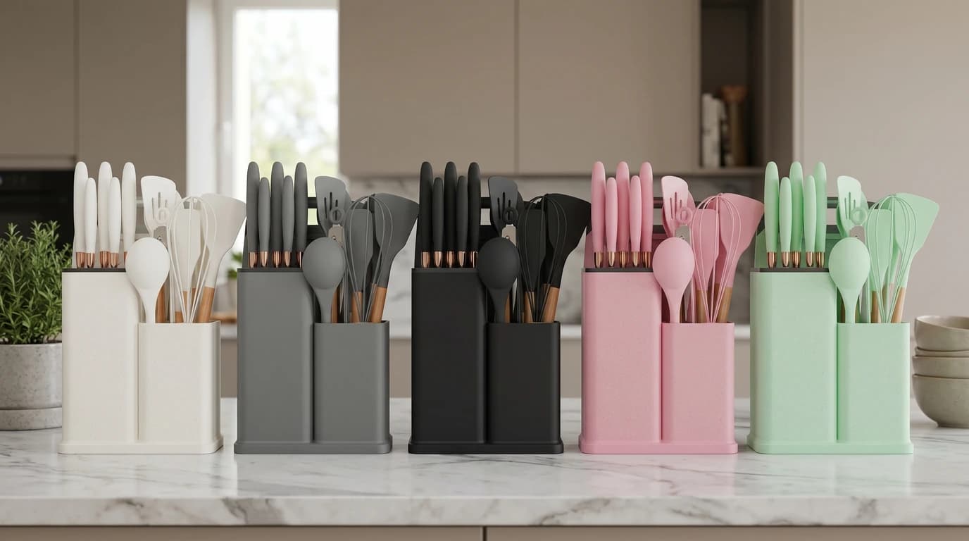 19-delige keukenset in nude kleur op een aanrecht