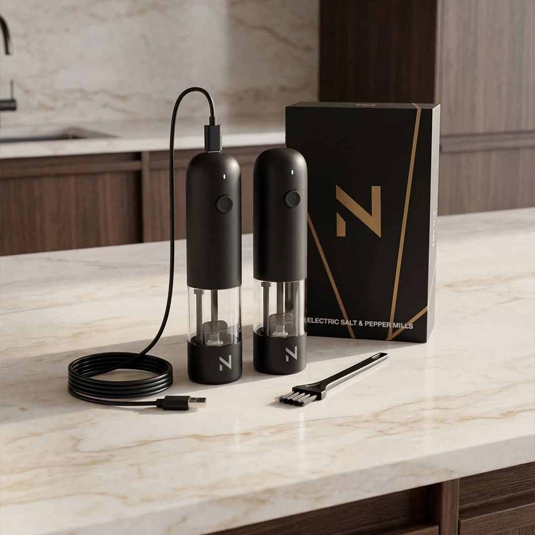 Zwarte peper- en zoutmolens met kabel en reinigingsborstel