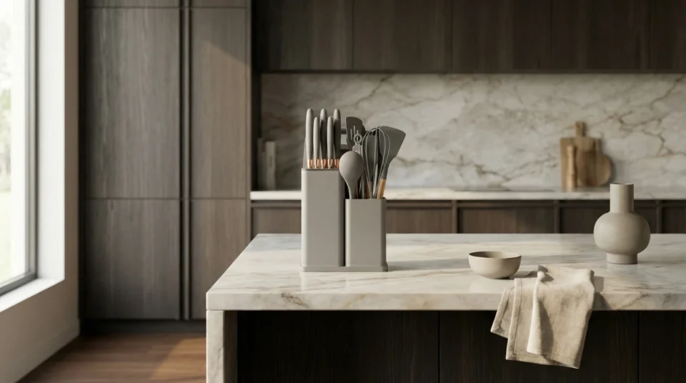 Noctis 19-delige keukenset in lichtgrijs op een marmeren aanrecht - Luxe siliconen keukengerei set met messenblok en houder voor een georganiseerde, moderne keuken.